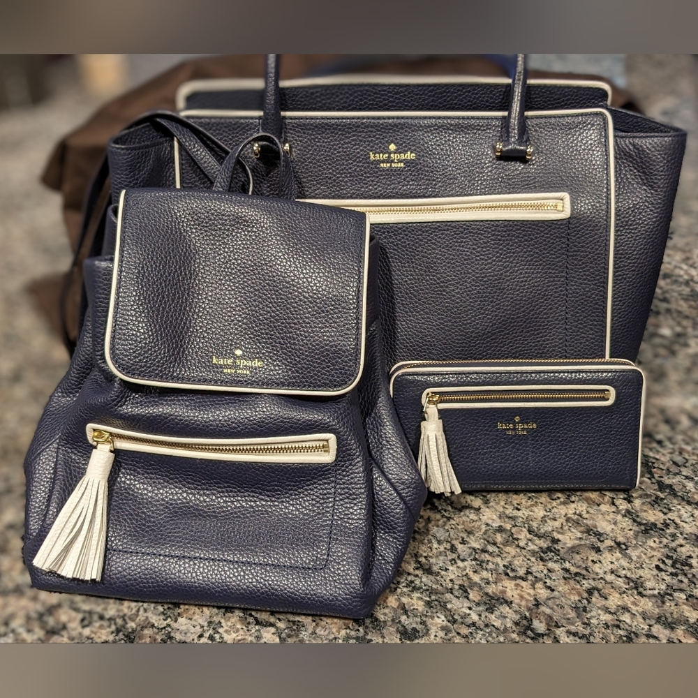Kate Spade Set Purse Tote Backpack Wallet Navy White